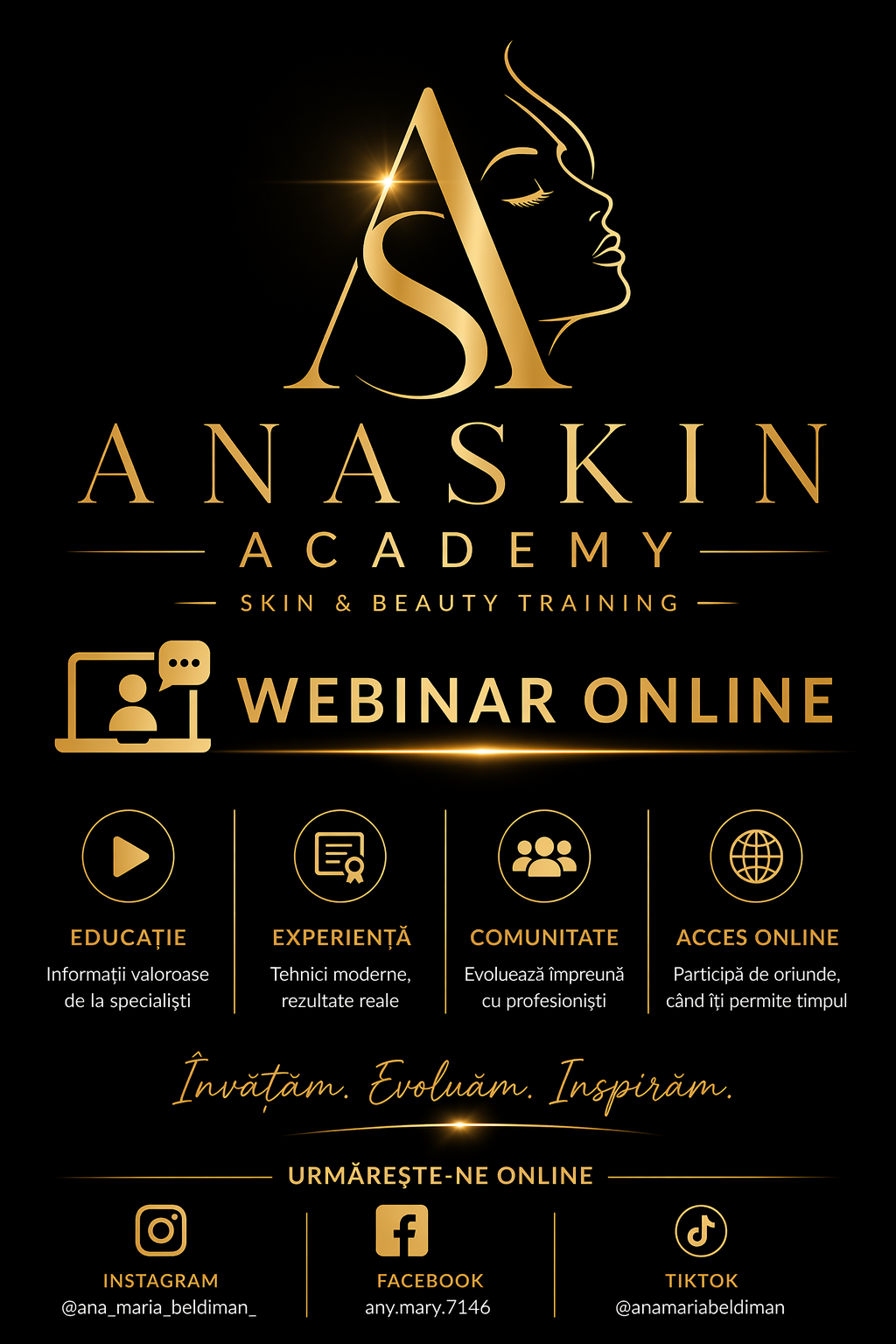 Ana Skin Academy - Webinar Online Skin and Beauty Training - Poster promocional premium negru și auriu